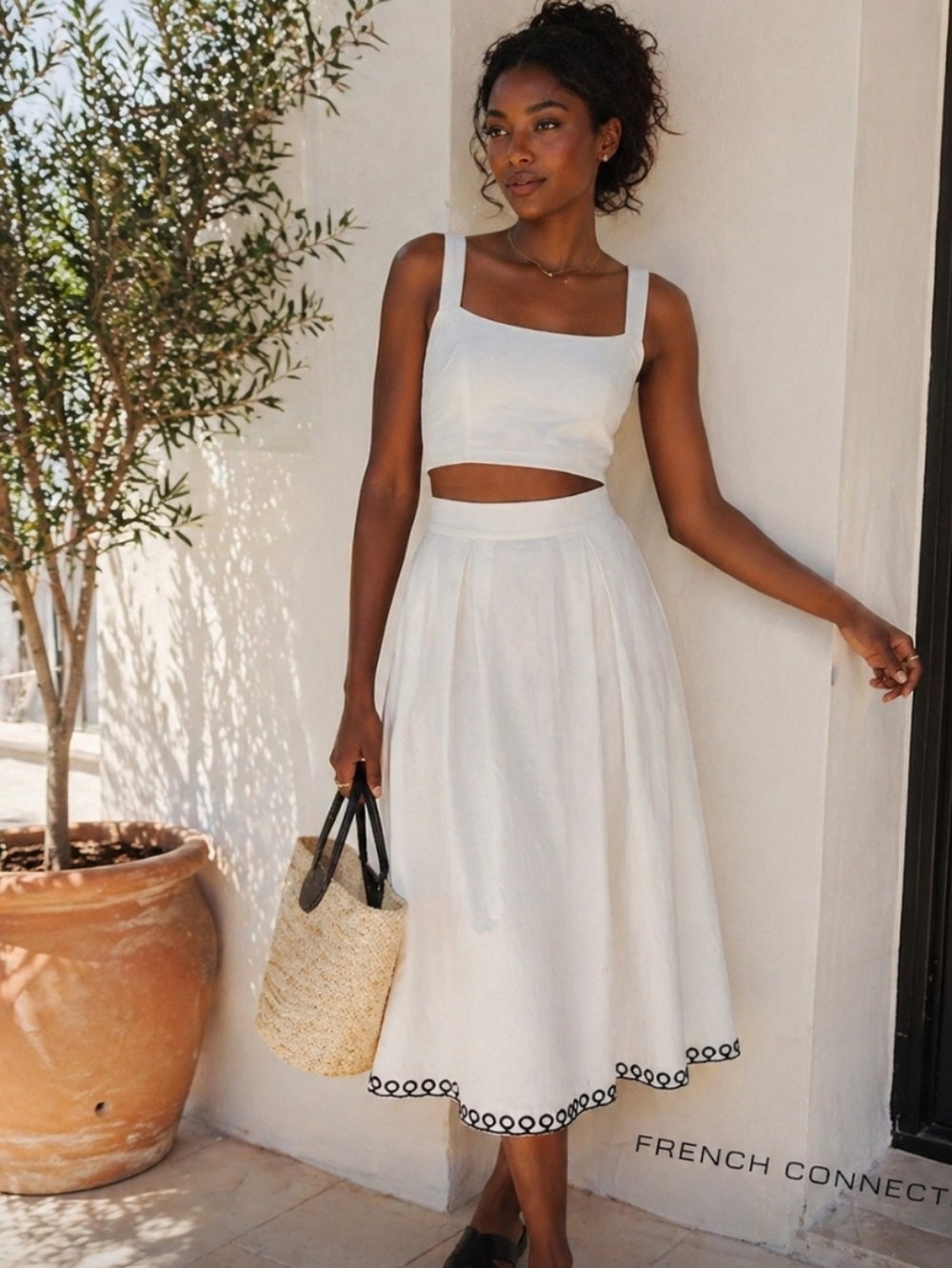 French Connection Cotton Midi Skirt with Embroidered Hem
